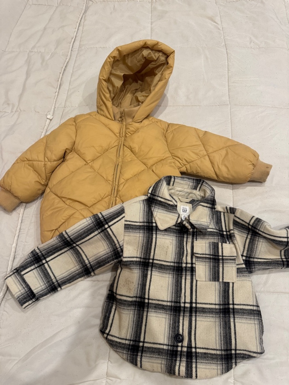 Bundle!! Mustard Puffer Hooded Jacket + Cream Black Plaid Button Shacket